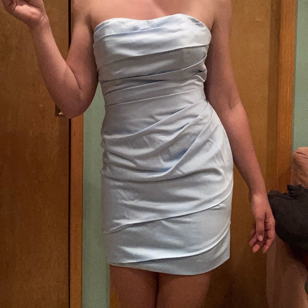 Light blue strapless formal dress